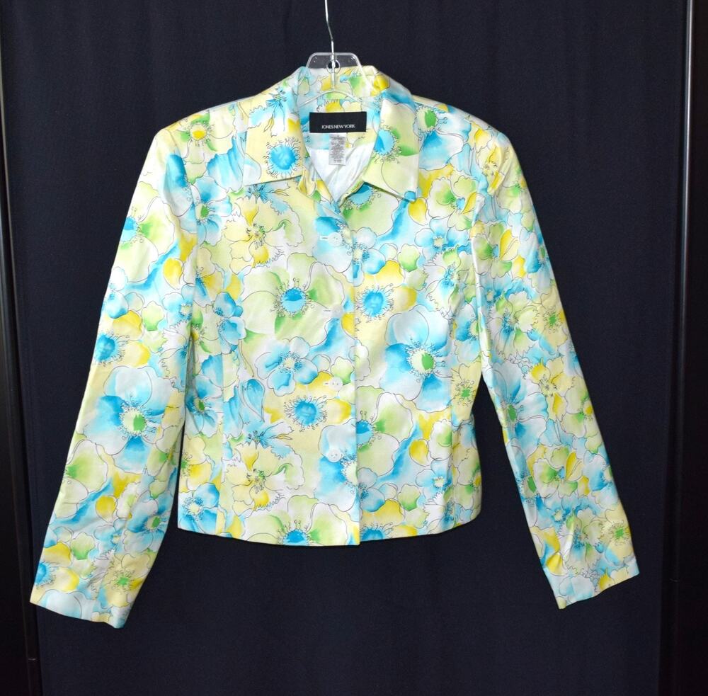 Jones New York Silk Cotton Floral Jacket Size 4 Blue Green Yellow Button Front